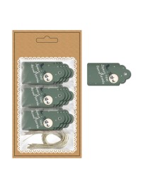 SET OF 12 GREY JOYEUX NOEL LABELS WITH EYELET 6CM X 3CM