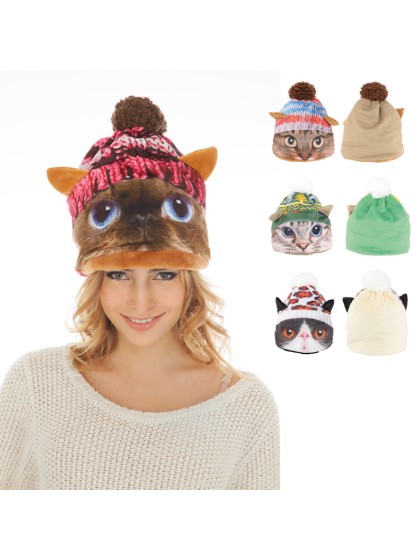 MÜTZE KATZE TRICOT 4 SORT. GRIS/ROSE/VERT/BLANC Einheitsgröße