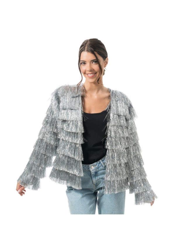 VESTE SCINTILLANTE A FRANGES ARGENT M