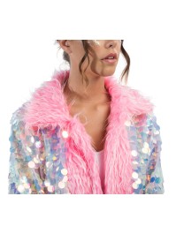 LANG MANTEL WENDBAR PAILLETTEN UND KUNSTFELL ROSA S-M