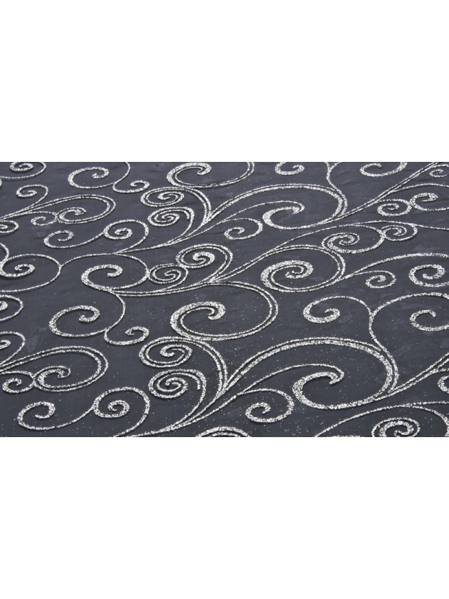 BLACK SILVER GLITTERED ORGANZA ARABESQUE TABLE RUNNER 36CM X 5M