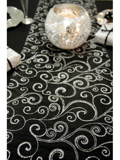 CHEMIN DE TABLE ORGANZA NOIR/ARGENT 36CM X 5M