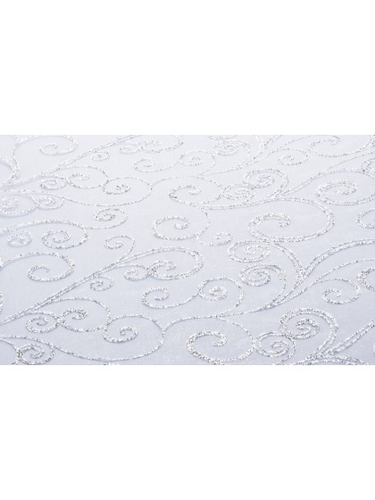 WHITE SILVER GLITTERED ORGANZA ARABESQUE TABLE RUNNER 36CM X 5M