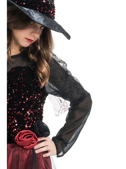 SORCIERE LUCINDA BORDEAUX A SEQUINS AVEC CHAPEAU 2 PIECES 152CM