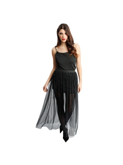 BLACK LONG TULLE SKIRT WITH GREEN SEQUINS L-XL