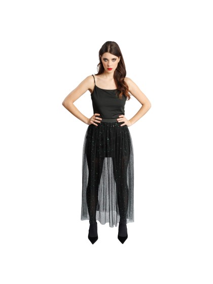 BLACK LONG TULLE SKIRT WITH GREEN SEQUINS L-XL