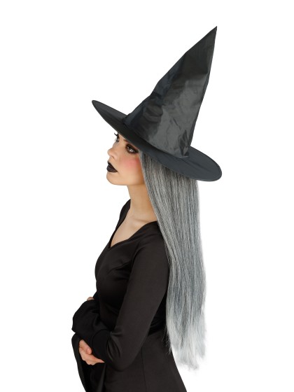 CHAPEAU DE SORCIERE AVEC PERRUQUE CHAPEAU: 39CM X 39CM X 32CM LONGUEUR CHEVEUX: 55CM
